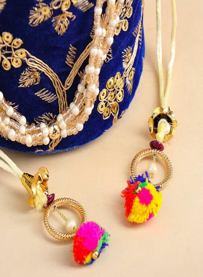 Floweraura Handcrafted Deep Blue Golden Embroidered Pearl Potli Bag for Diwali Gift, Karwa Chauth Gift & Gift for Wife, Sister, Mother, Friends, Colleagues, Girlfriend - Image 4